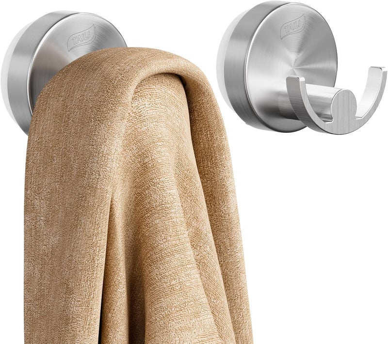 Taili 304 Stainless Steel Bathroom Suction Hooks for Towel, Bathrobe, Loofah, Patented Strong Suction Cup Holder, No Damage Hanging Glass Shower Wall Hook, Double-Hook Sleek Design, 2 Pack, Silver - Image 1